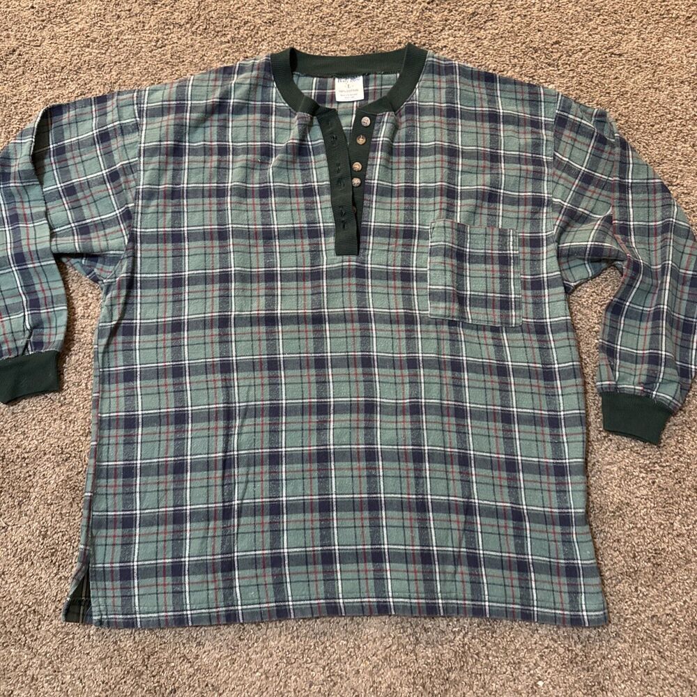 Body Bleu‎ Flannel Henley Shirt Green Cuffed Soft Lightweight Baselayer Cozy L